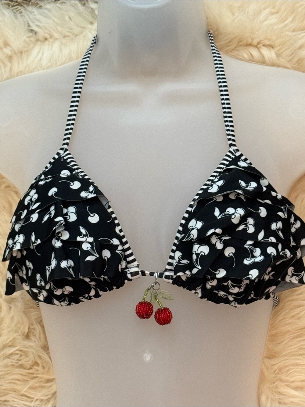 Hobie Black & White Cherry-Print Ruffle Triangle Bikini Top and Bottom